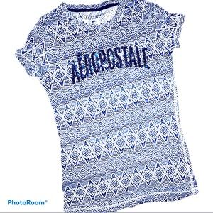 Aeropostale Women’s Small Vintage Blue & White Abstract Graphic Sequin Tee